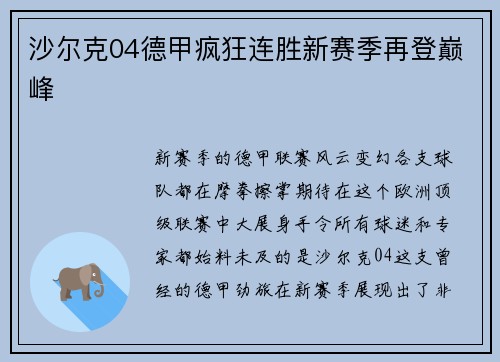 沙尔克04德甲疯狂连胜新赛季再登巅峰